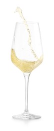 Photo of Pouring wine into glass on white background