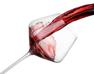 Photo of Pouring wine into glass on white background