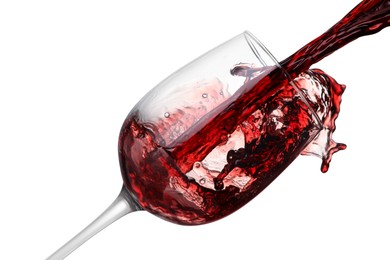 Photo of Pouring wine into glass on white background