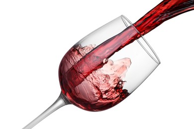 Photo of Pouring wine into glass on white background