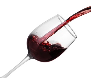 Photo of Pouring wine into glass on white background