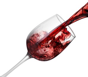 Photo of Pouring wine into glass on white background