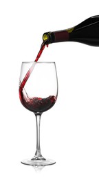 Photo of Pouring wine into glass on white background