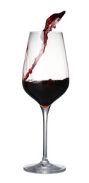 Photo of Pouring wine into glass on white background