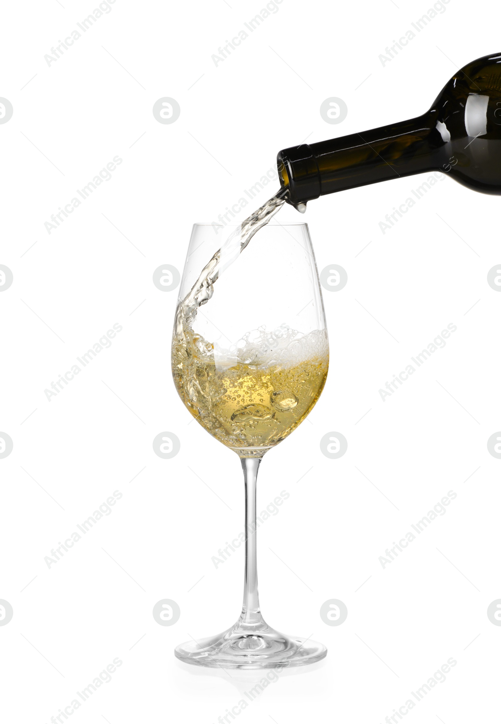 Photo of Pouring wine into glass on white background