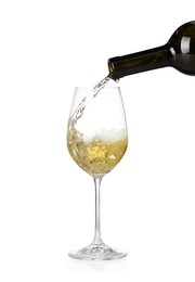 Photo of Pouring wine into glass on white background