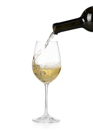 Photo of Pouring wine into glass on white background