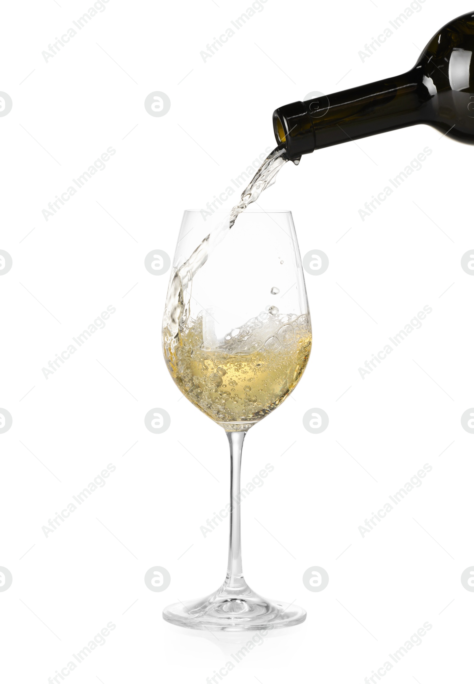 Photo of Pouring wine into glass on white background