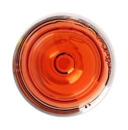 Photo of Rose wine in glass isolated on white, top view