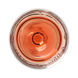 Photo of Rose wine in glass isolated on white, top view