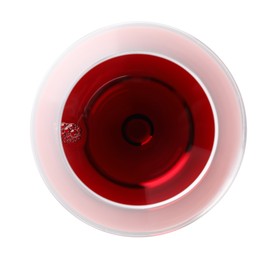 Photo of Red wine in glass isolated on white, top view