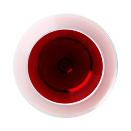 Photo of Red wine in glass isolated on white, top view