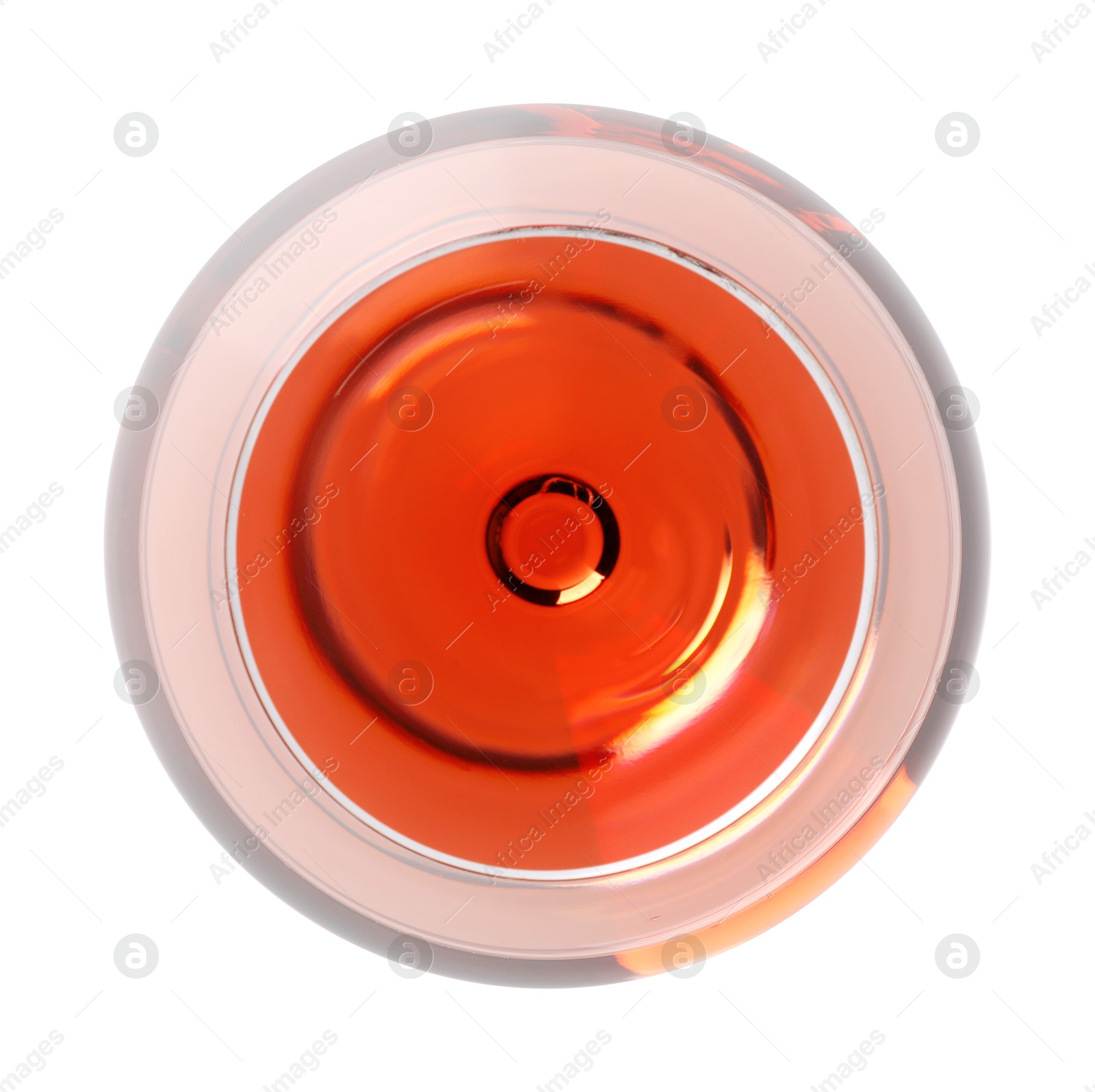 Photo of Rose wine in glass isolated on white, top view