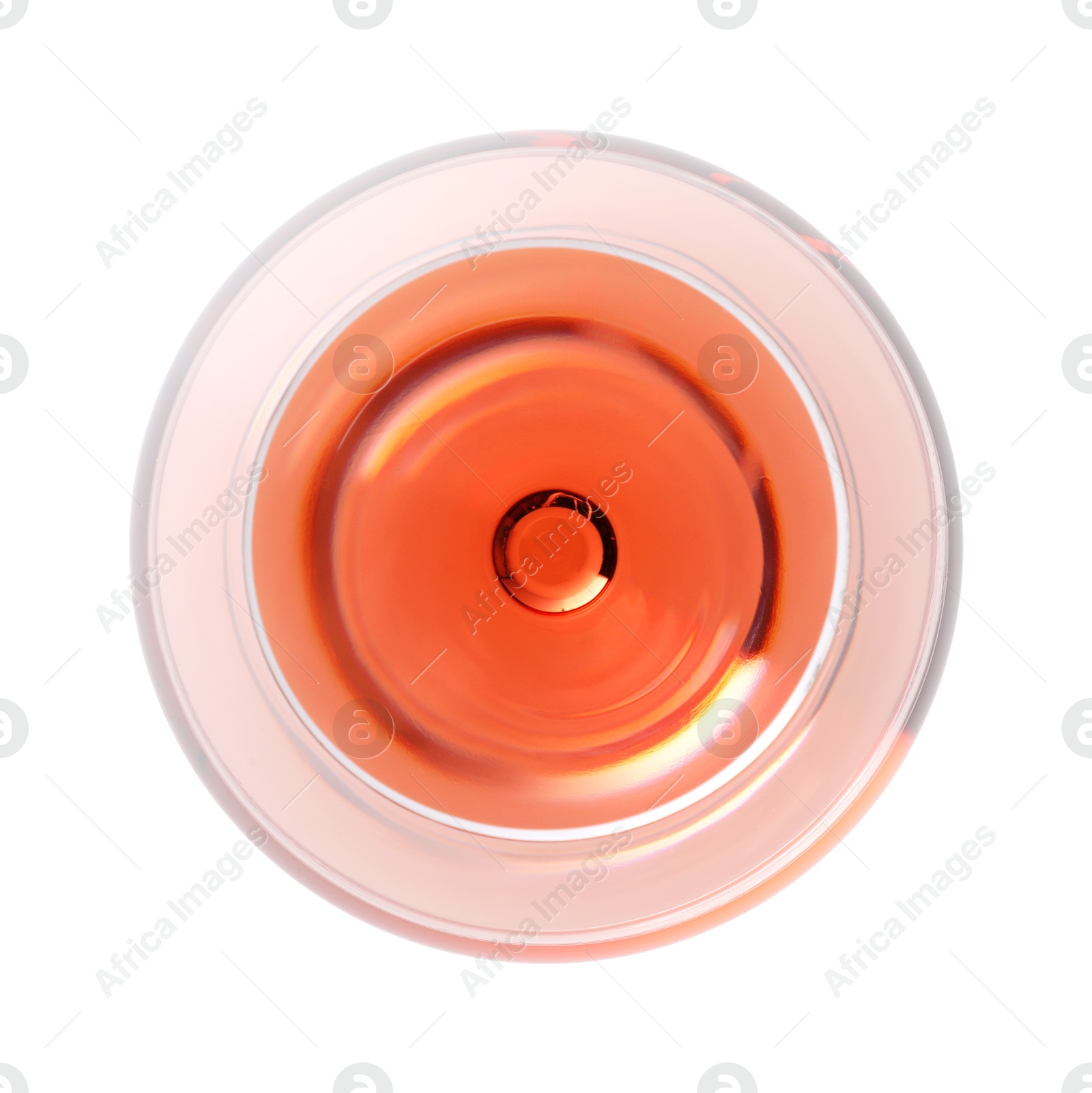 Photo of Rose wine in glass isolated on white, top view