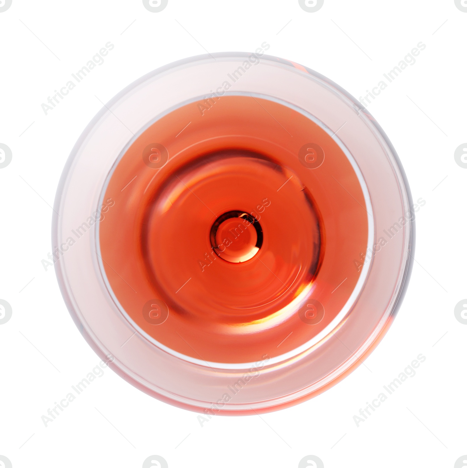 Photo of Rose wine in glass isolated on white, top view