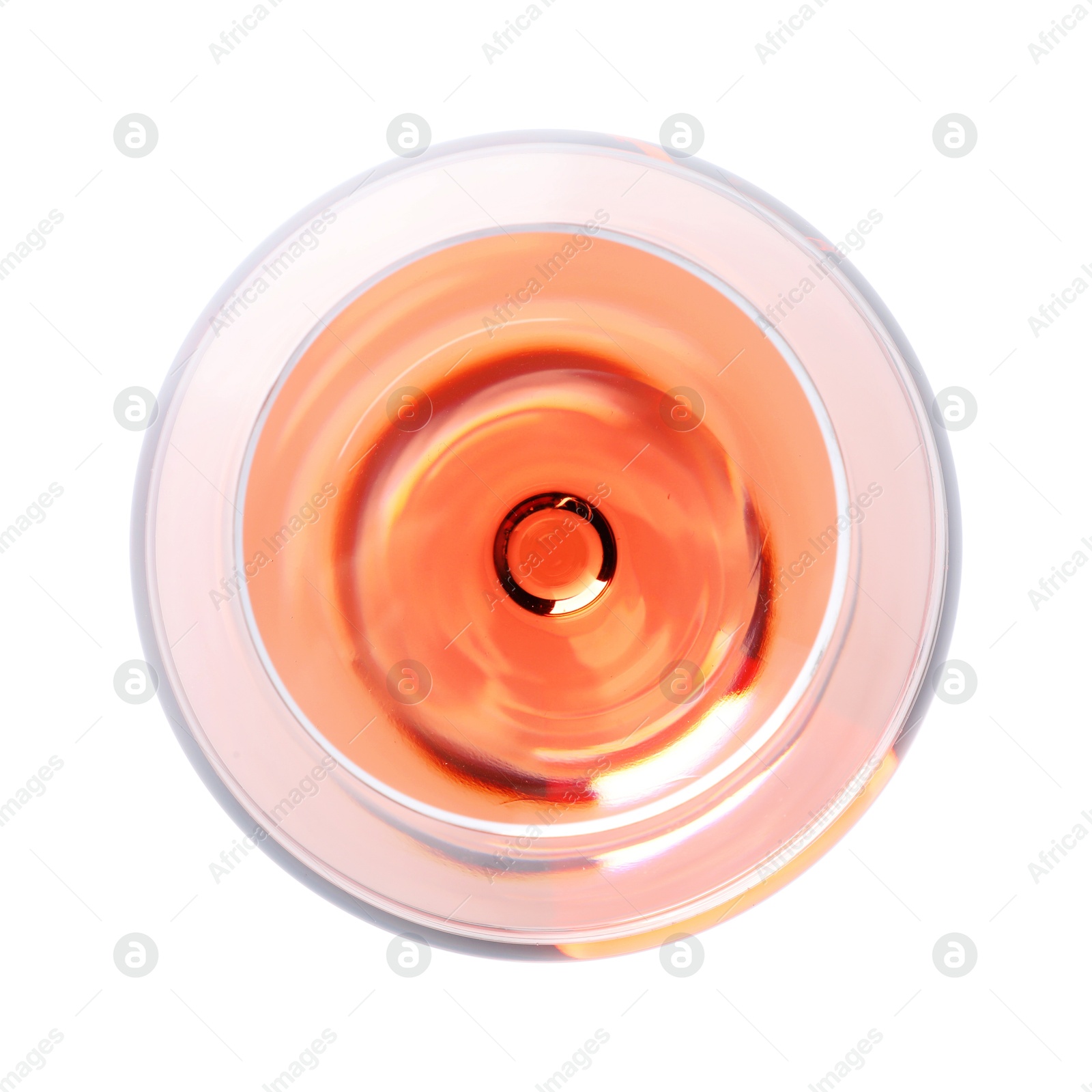 Photo of Rose wine in glass isolated on white, top view