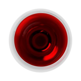 Photo of Red wine in glass isolated on white, top view