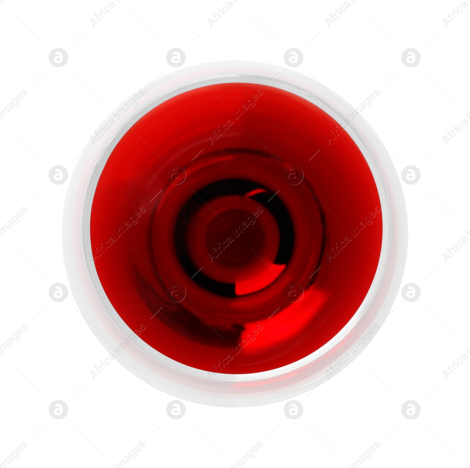 Photo of Red wine in glass isolated on white, top view