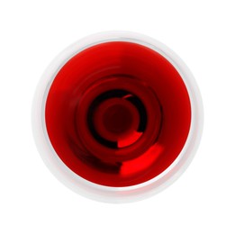 Photo of Red wine in glass isolated on white, top view