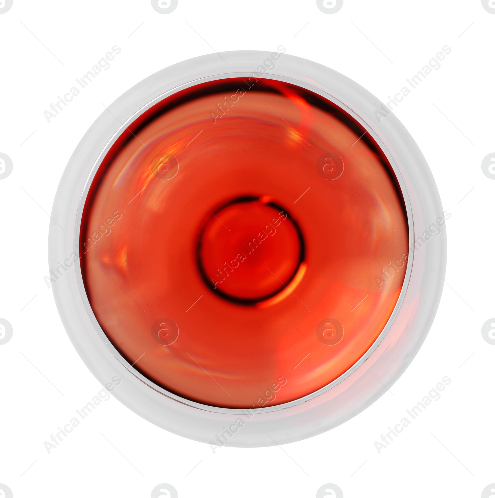 Photo of Rose wine in glass isolated on white, top view