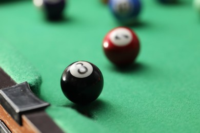 Photo of Billiard balls on green table, closeup view