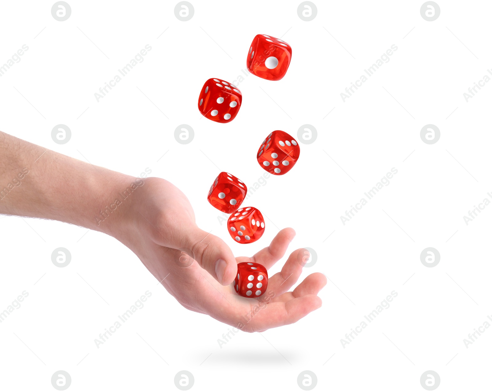 Image of Man throwing red dice on white background, closeup