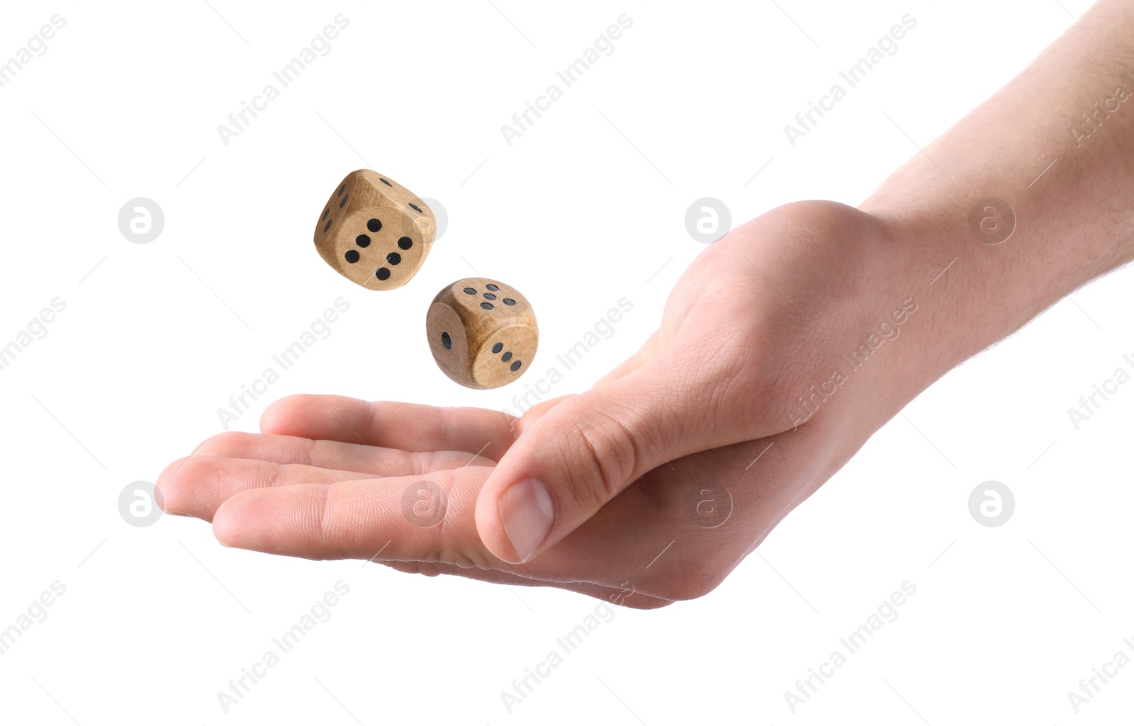 Image of Man throwing wooden dice on white background, closeup