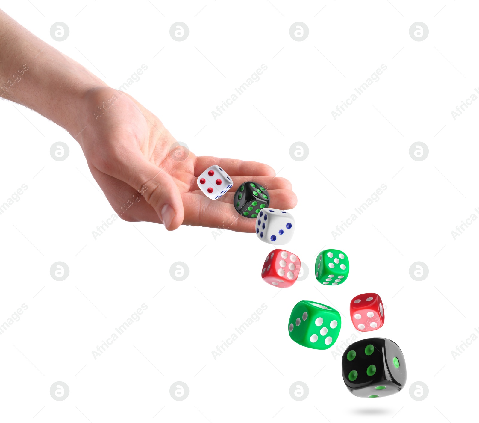 Image of Man throwing dice on white background, closeup