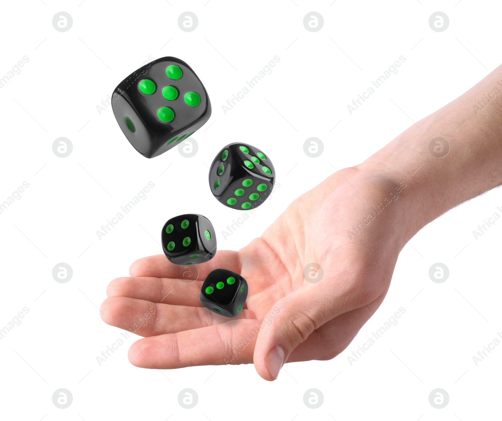 Image of Man throwing black dice on white background, closeup