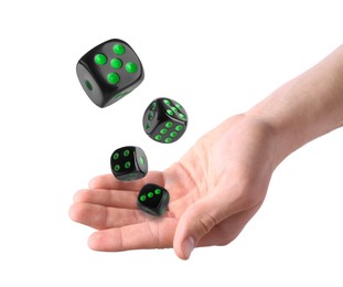 Image of Man throwing black dice on white background, closeup