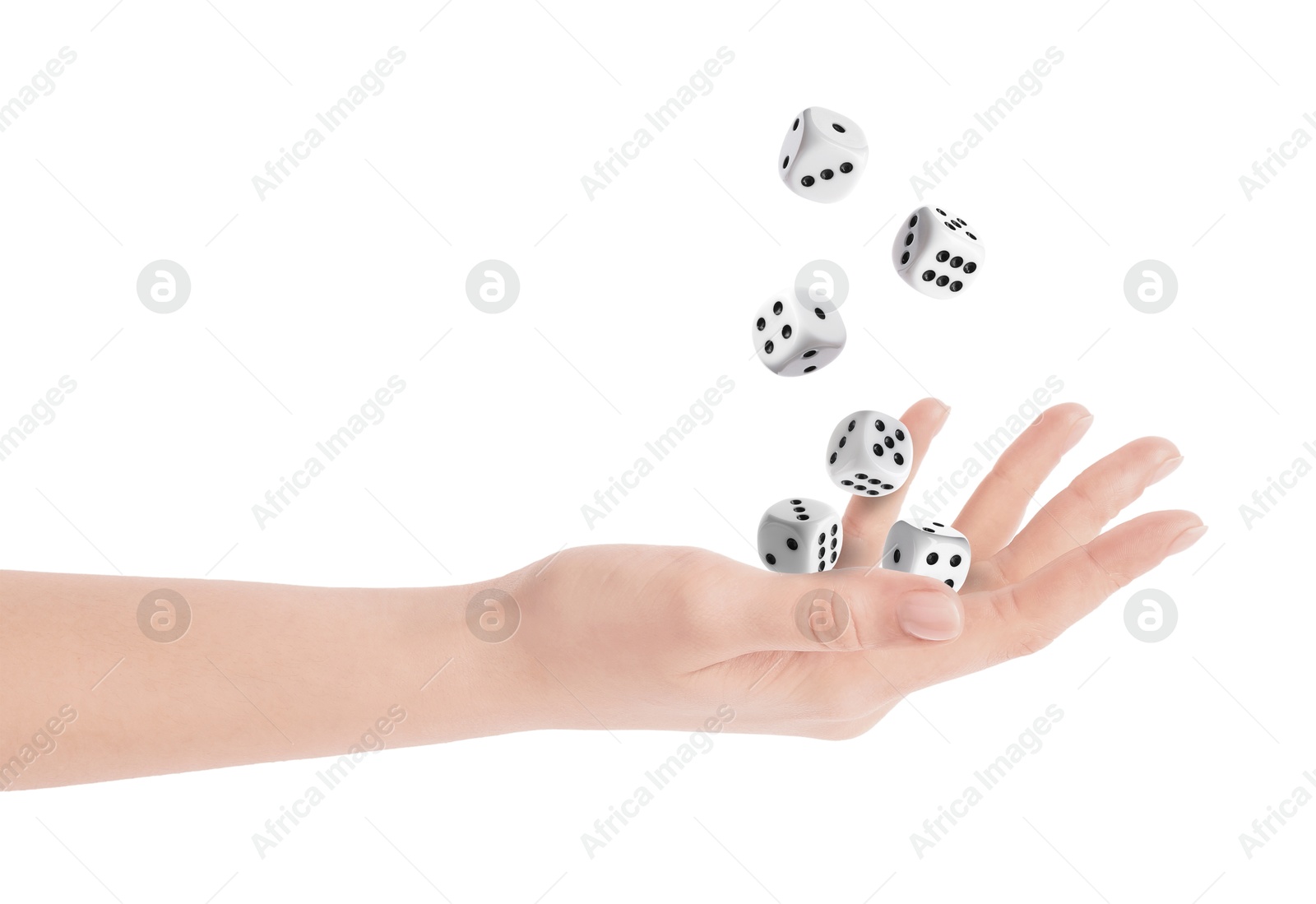 Image of Woman throwing dice on white background, closeup