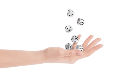 Image of Woman throwing dice on white background, closeup