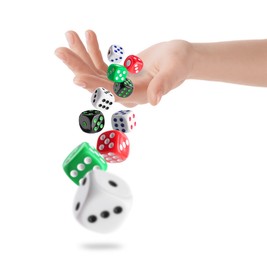 Woman throwing dice on white background, closeup