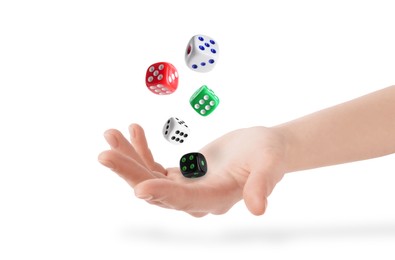 Image of Woman throwing dice on white background, closeup