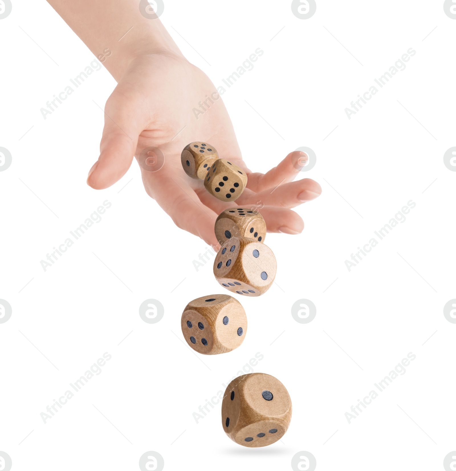 Image of Woman throwing wooden dice on white background, closeup