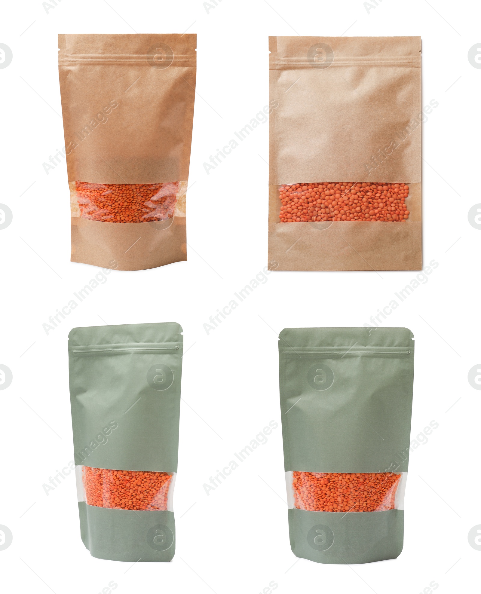 Image of Paper pouch bags with lentils isolated on white. Packaging for product