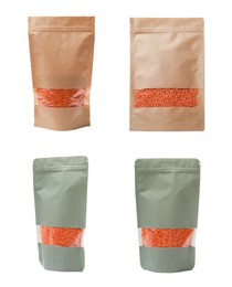 Image of Paper pouch bags with lentils isolated on white. Packaging for product