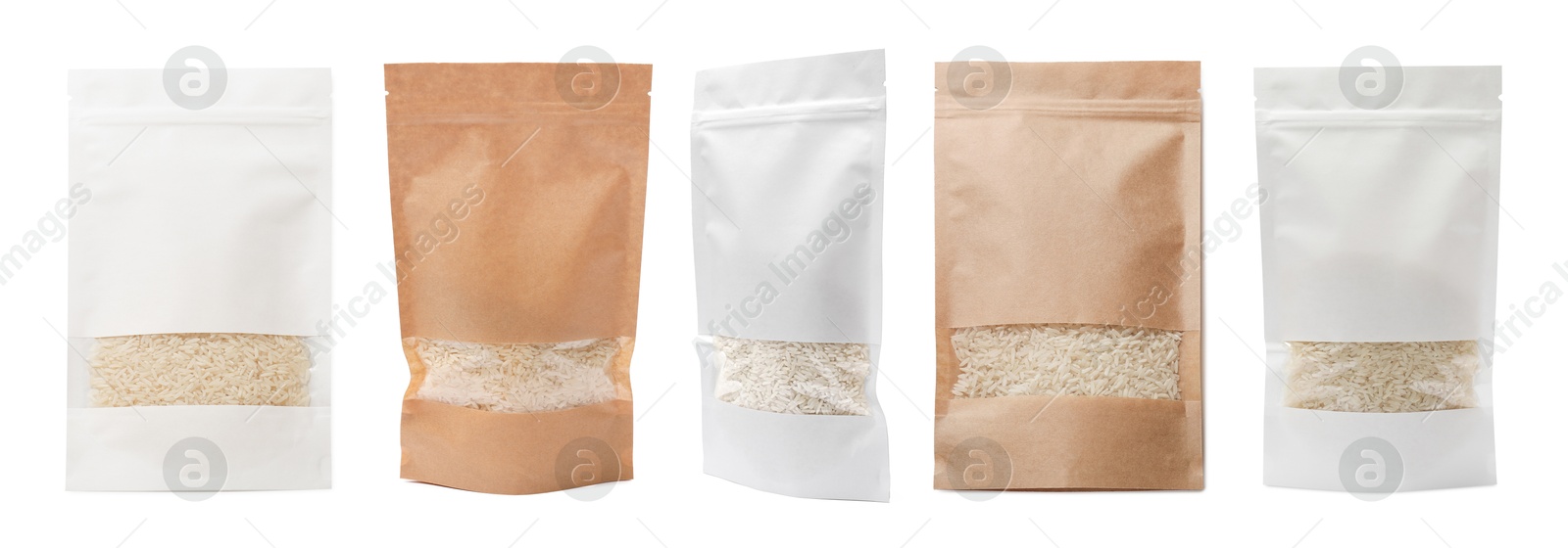 Image of Paper pouch bags with rice isolated on white. Packaging for product