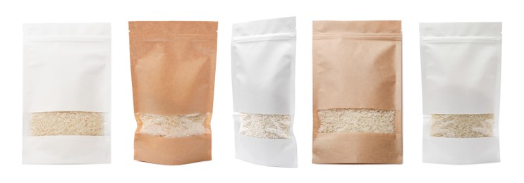 Image of Paper pouch bags with rice isolated on white. Packaging for product