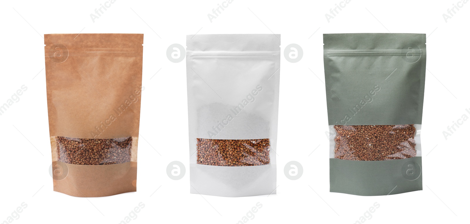 Image of Paper pouch bags with buckwheat isolated on white. Packaging for product