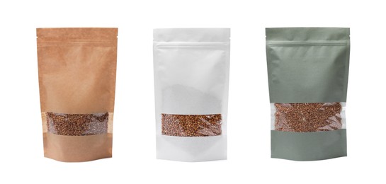 Image of Paper pouch bags with buckwheat isolated on white. Packaging for product