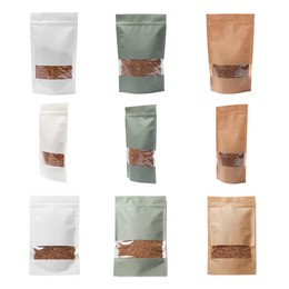 Image of Paper pouch bags with buckwheat isolated on white. Packaging for product