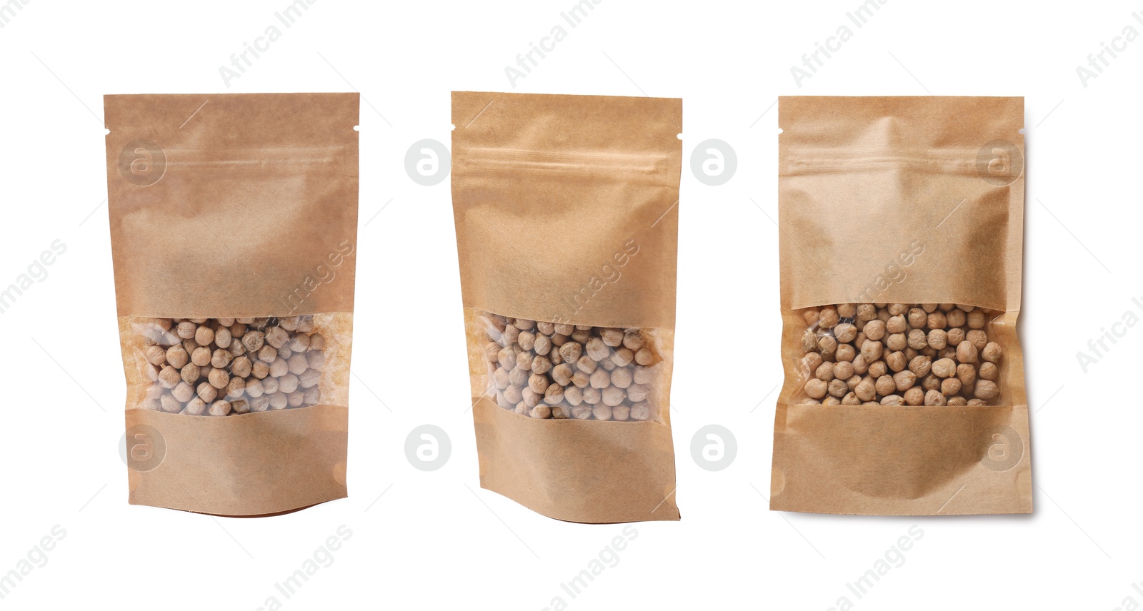 Image of Paper pouch bag with chickpeas isolated on white. Packaging for product