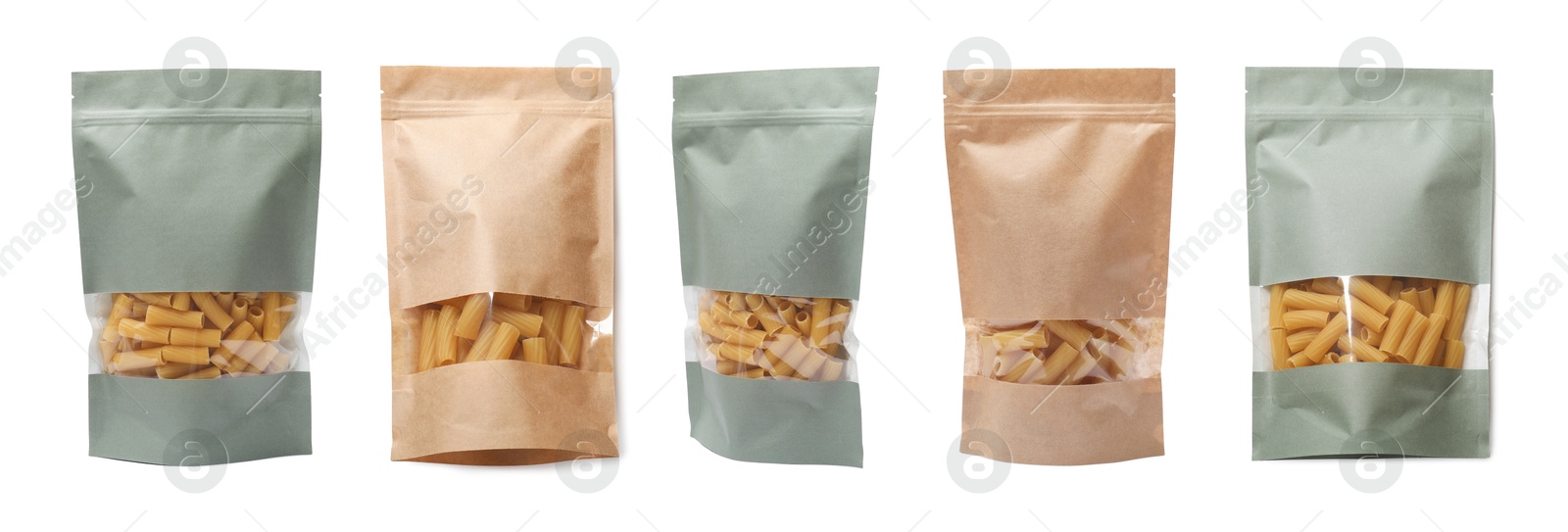 Image of Paper pouch bags with pasta isolated on white. Packaging for product