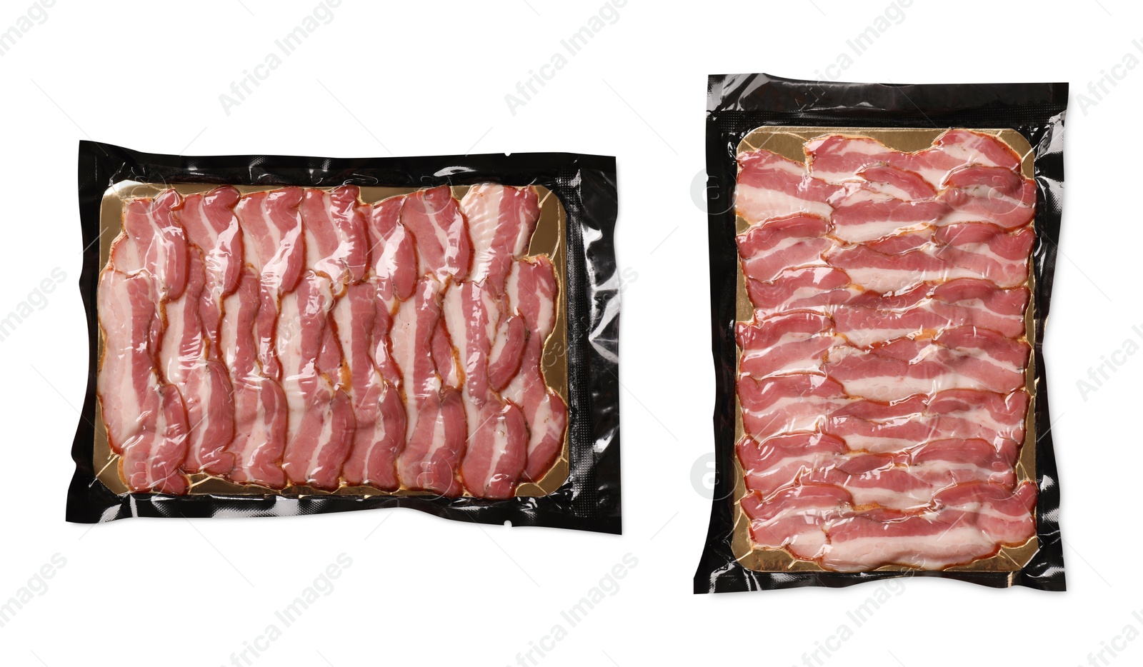 Image of Vacuum package with sliced bacon on white background, top view