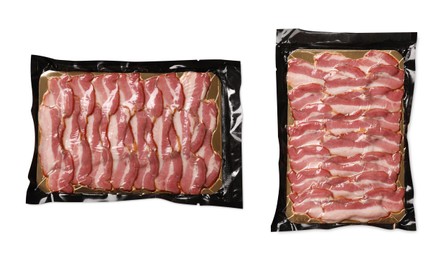 Image of Vacuum package with sliced bacon on white background, top view