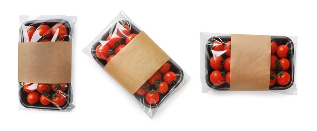 Package with fresh tomatoes on white background, top view