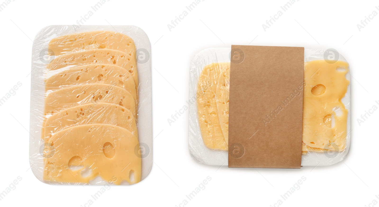 Image of Packages with sliced cheese on white background, top view