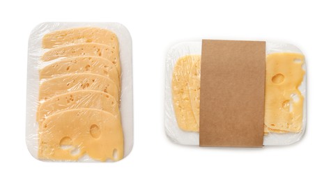 Image of Packages with sliced cheese on white background, top view