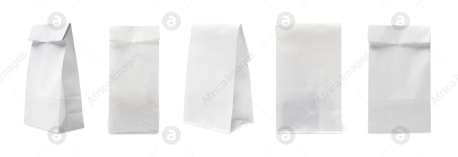 Image of Paper bags for product packaging on white background, set